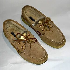 Sperry Topsider CH196 Womens Gold Accents Tan Boat Shoes GOLD LACES Size 7M